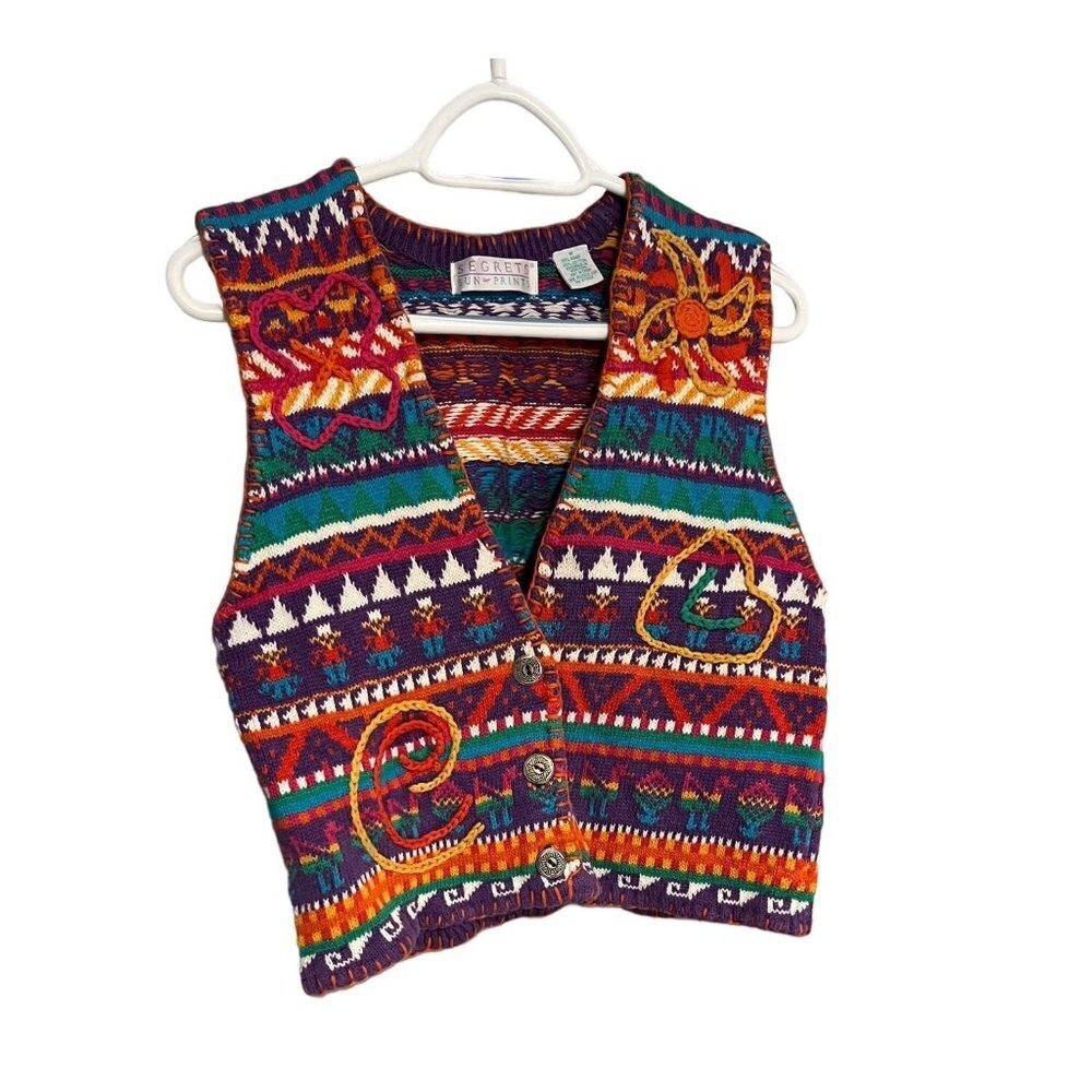 Segrets Sun Prints Colorful Whimsical Sleeveless Buttoned Vest Sz M